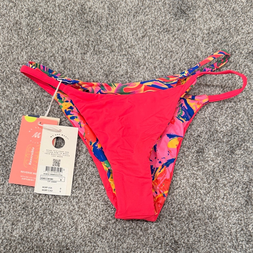 Maaji Hot Pink Reversible Bikini Bottom with Multicolor Print